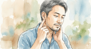 耳の下をマッサージする男性