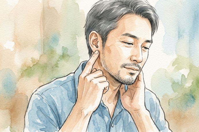 耳の下をマッサージする男性