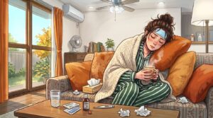 風邪を引いてつらそうな女性