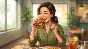 ハンバーガーにかぶりつく女性