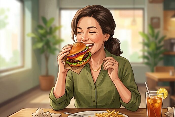 ハンバーガーにかぶりつく女性